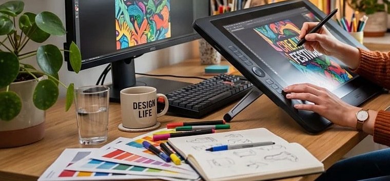 Desk with a sketchbook, colour swatch sheets and a pen display